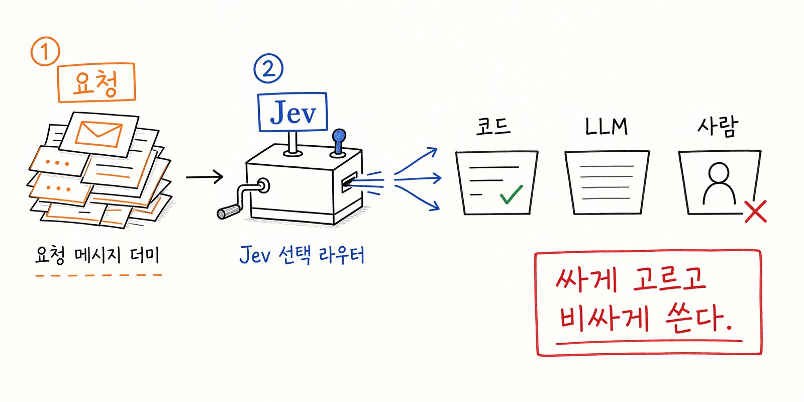 Jev Cascade: 코드·LLM·사람 분기